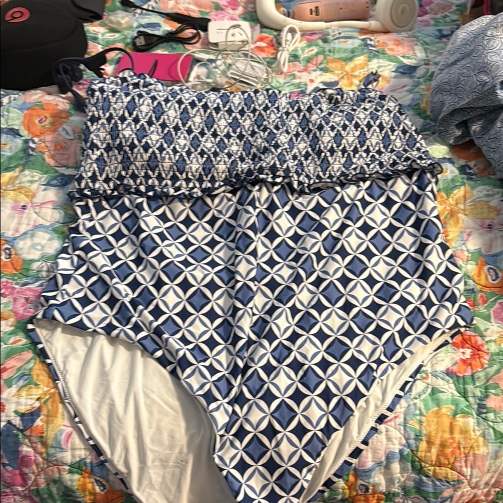 Anthropologie Blue and White Geometric One Piece Swimwear